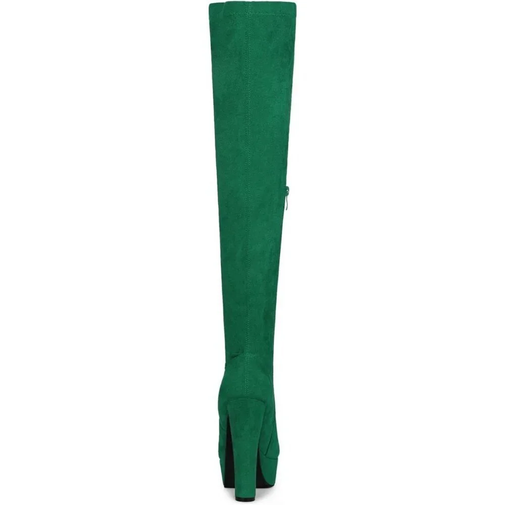 Women Green Suede Chunky Heel Rounded Toe Over the Knee Thigh High Boots